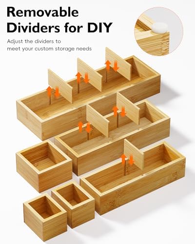 Bamboo Drawer Organizer Set, 6 PCS Trays with 12 Compartments