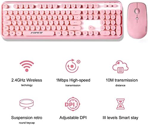 FOPETT Wireless Keyboard and Mouse Combo, 104 Keys Full-Sized 2.4 GHz Round Keycap Colorful Keyboards, USB Receiver Plug and Play, for Windows, Mac, PC, Laptop, Desktop (Pink)