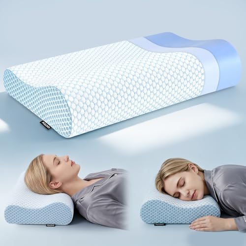 Polovo Neck Pillow Memory Foam Pillows for Sleeping, Ergonomic Cervical Pillow Neck Support Pillow Bed Pillow for Side Back Stomach Sleepers, Contour Pillow for Neck and Shoulder Pain Relief (Blue)