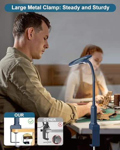 12X Magnifying Glass with Light and Stand, Real Glass, LED 5 Color Modes, Brightness Stepless Dimming Lighted Magnifier Hands Free, Flexible Gooseneck Desk Lamp with Clamp for Close Work, Craft, Blue
