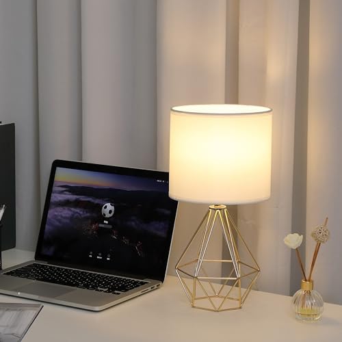Small Gold Table Lamp Set of 2, Bedside Nightstand Lamps with White Shade, Hollow Metal Base, Modern Geometric Desk Lamp for Bedrooms, Living Room, Office