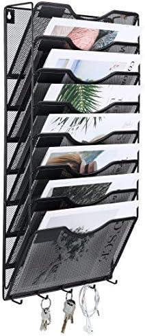 EasyPAG 8 Pocket Mesh Wall File Organizer with Key Hooks, Hanging Paper Folder Holder with Classify Label, Vertical Wall Mount Mail Organizer for Office Home Classroom, Black