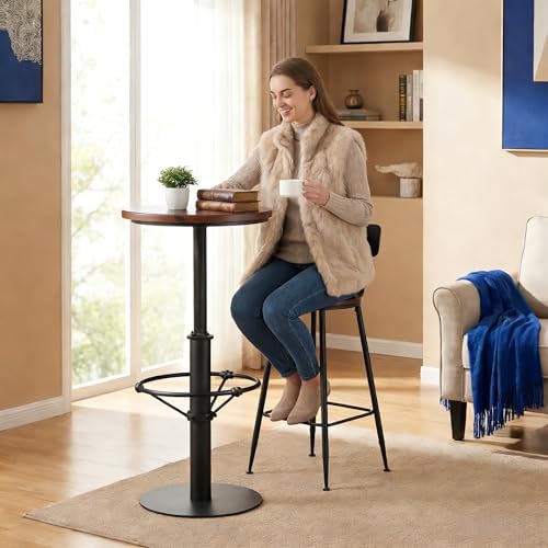 LOKKHAN 42" Tall Rustic Industrial Bar Table 19.68" Dia Round Wooden Top Metal Frame Height Fixed Standing Pub Dining Room Bistro Cocktail Table, Black & Brown