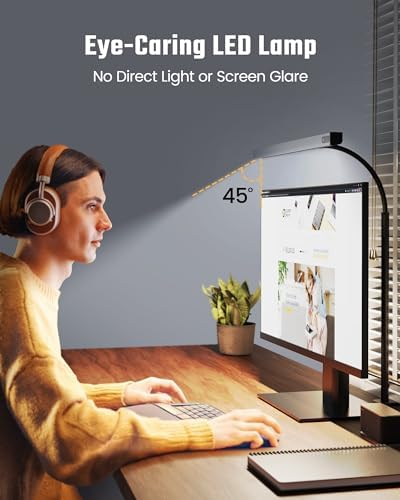 SUPERDANNY LED Desk Lamp for Office Home, Eye-Caring Desk Light with Adjustable Gooseneck, 12W Touch Control Dimmable Brightness, Architect Clamp Lamp with USB Adapter, Grey