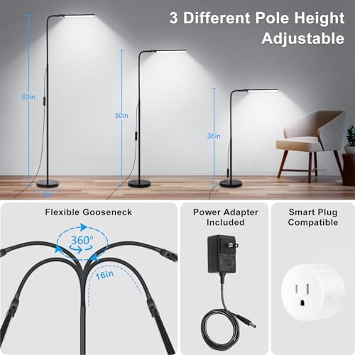 LED Floor Lamp, 18W/2000LM Bright Reading Floor Lamp for Office with Double Head, Adjustable Gooseneck Dimmable Modern Standing Light for Lash Extension Craft, Eye Caring Floor Lamps for Living Room