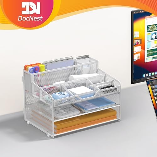 Docnest 3 Tier Mesh Desk Organizer with Letter Tray & Paper Sorter, White