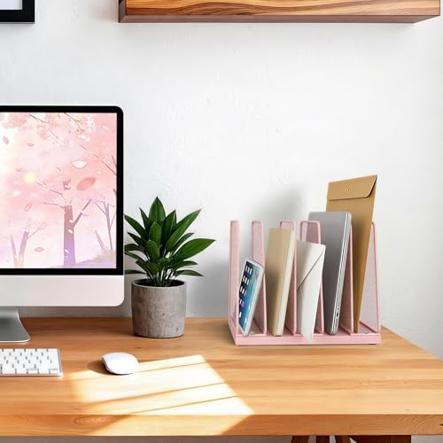 LEKETREE Small Desk File Organizer, 5-Section Upright File Sorter, Vertical File Folder Holder, Mesh Metal Wood Office Desktop Organization for Document, Magazine, Books and more (Pink)