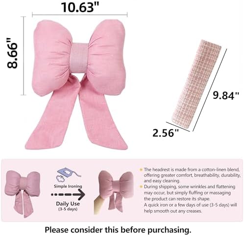 Car Seat Neck Pillow Elegant Bow Car Headrest Pillow Set - Cotton Linen Neck Cushion Universal Fit for Women Comes with 2 Seat Belt Covers (Pink Set 4Pcs)