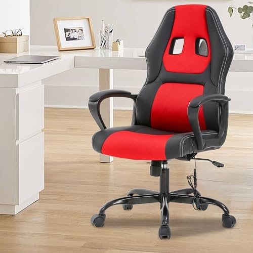 PayLessHere Gaming Chair Office Chair with Support Adjustable Ergonomic Pu Leather Racing Lumbar Massage Headrest Armrest Task 360° Swivel Computer Chair for Women Men Adults，Red
