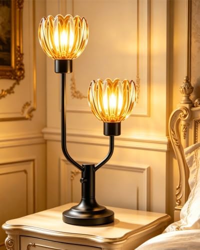 Lightdot Mid Century Modern Flower Table Lamp for Bedroom Black Dimmable