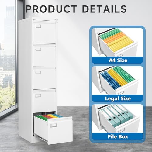 BYNSOE 5 Drawer File Cabinet with Lock Metal Vertical File Cabinet Office Home Vertical File Cabinet for A4 Legal/Letter Size Narrow File Cabinet Locked,Assembly Required