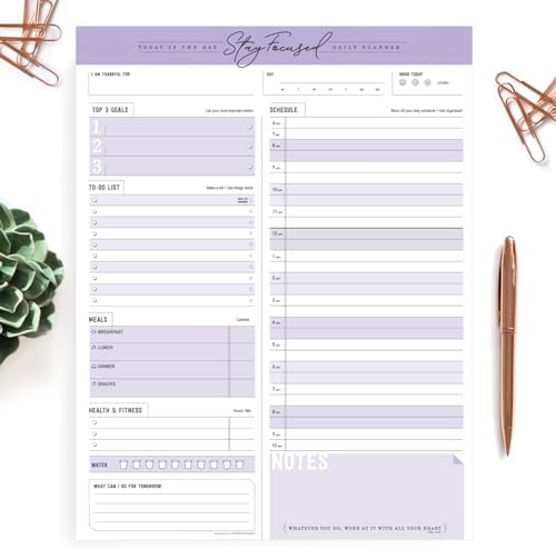 Daily Notepad Planner Schedule To Do List - Stay Focused 50 Tear Off Premium USA (Purple Taro)