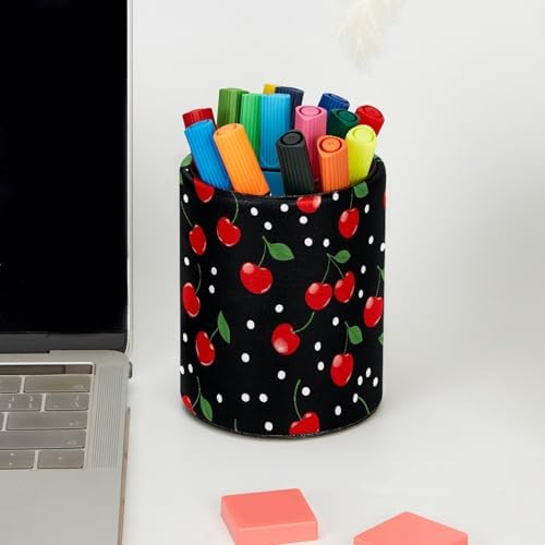 Cherry Pen Holder Pencil Organizer Cute Pencil Cup Desk Decor Makeup Brush Holder PU Multifunctional Office Supplies for Home Classroom School
