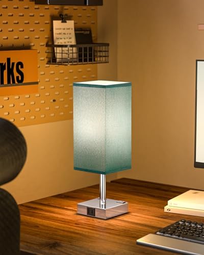 Turquoise Touch Table Lamp for Bedroom - Dimmable, USB C+A, 2 AC Outlets