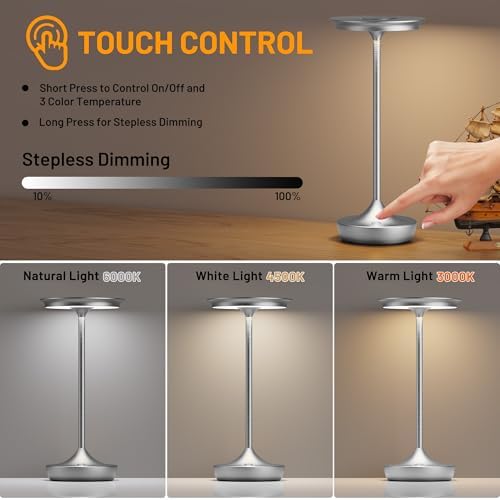 LED Cordless Table Lamp 6000mAh Rechargeable Battery Outdoor Light Silver