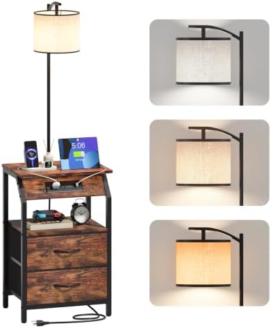 End Table with Floor Lamp, Nightstand with Charging Station, Floor Lamp Table with 3-Color Temperature Bulb, Bedside Table Night Stand with 2 Drawers for Bedroom, Living Room, Brown
