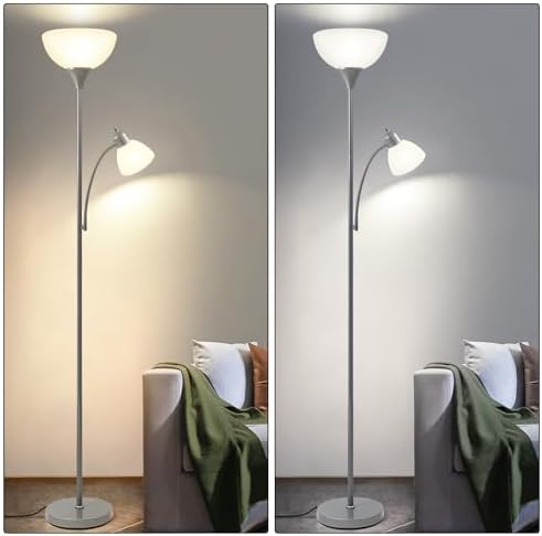 HonoDing Adjustable Silver Floor Lamp with Reading Light Susan Modern Standing Lamps for Living Room/Office Lamp 72" Tall - 150-watt with Side Reading Light Corner Lamps (Silver)
