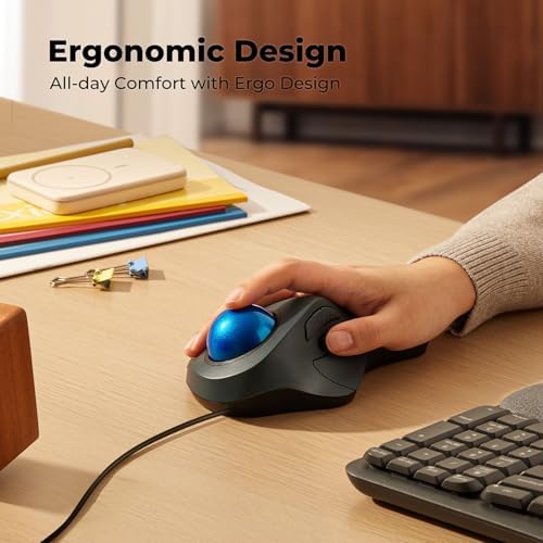Wired Ergonomic Trackball Mouse for Large Hands, 44mm Index Finger Control