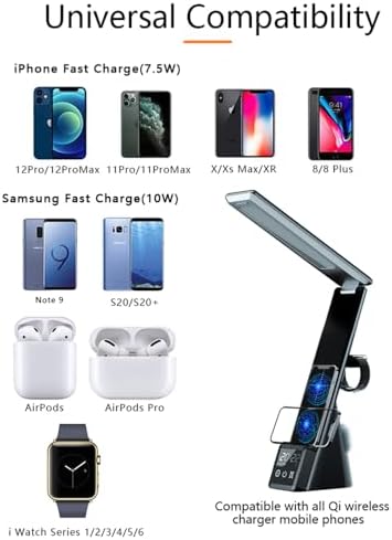 IHAO 6in1 Multifunctional Foldable LED Table Lamp with Wireless Charger Digital Alarm Clock Eye-Care Lighting 3 Color Modes 15W Qi Charger for Phone/Headphones, iWatch Charger Compatible-N61 White