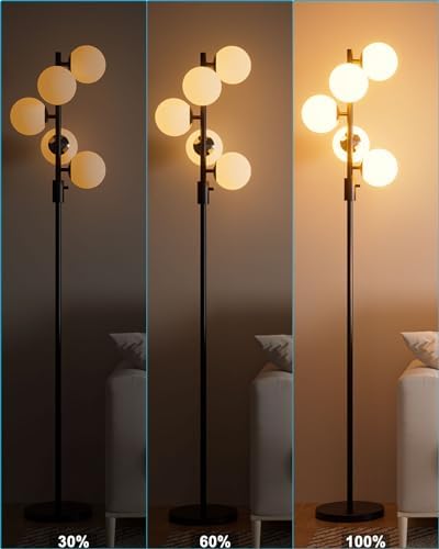 64IN Dimmable Black Floor Lamp, Tall Standing Lamps with 5 Globe Soft Warm White Eye Care 3000K G9 Bulbs, Mid Century Modern Floor Lamp with 5Lbs Heavy Base for Living Room Bedroom Office