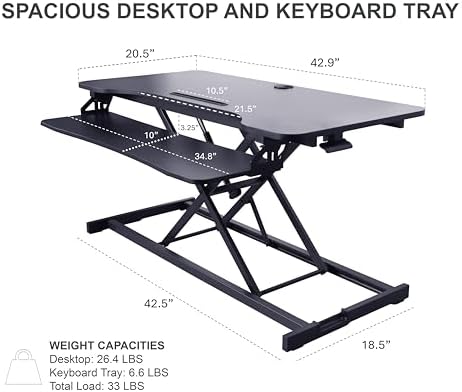 Rocelco 43" Height Adjustable Standing Desk Converter with Premium Dual Monitor Arm Mount - Tall Stand Up Tabletop Riser and Tablet Slot - Computer Workstation - Keyboard Tray - Black (R VADRB-43-MA2)