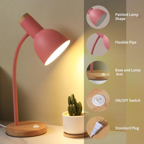 Adjustable Wooden Desk Lamp,Metal Shade Flexible Neck Table Lamp