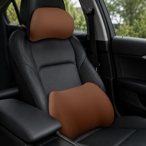 2PCS Car Neck Pillow and Lumbar Support Pillow Set, Ergonomic Memory Foam Back & Neck Support Pillows for Car Seat, Office Chair, Driver Head & Back Cushion and Pain Relief (Coffee)