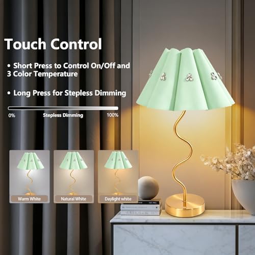 Cordless Rechargeable LED Table Lamp, Portable Desk lamp Battery, 3 Color Stepless Dimming with Memory Function, Suitable for Outdoor, Dinner, Patio & Restaurant. (Green with Diamonds)