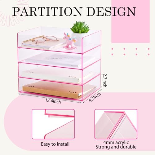 Harloon 4 Tier Paper Organizer Letter Tray Pink Acrylic Desk File Organizer Heavy Duty Stackable Documents Clear Letter Paper Holder Office Tray for A4, Office Classroom Home File Pad Notebooks