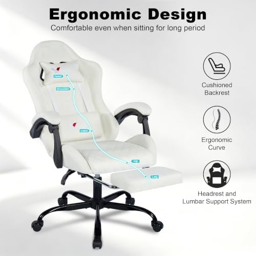 Fabric Gaming Chair for Adults, Ergonomic Computer Office Desk Chair with Footrest,Pocket Spring Cushion, Reclining High Back Silla Gamer for Home Office, White