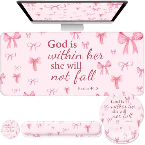 Desk Mat Set + Keyboard and Mouse Pad with Wrist Rest Support,4-in-1 Large Mousepad Computer Mats for Desktop Home & Office-Pink Bowtie