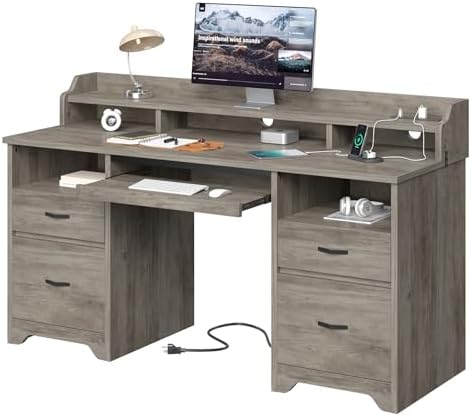 Bestier 59" Executive Desk with Charging Station & Monitor Stand, Grey