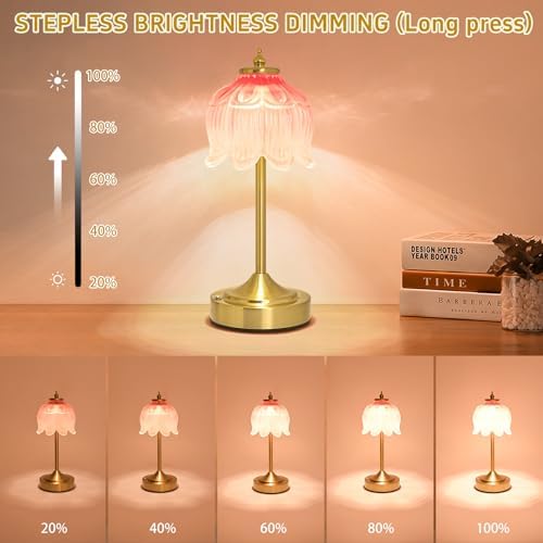 Cordless Table Lamp, Rechargeable Blush Pink Glass Lotus Flower Lamp