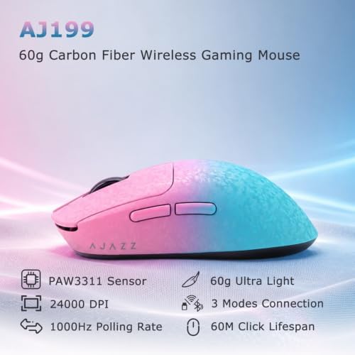 AJ199 Gaming Mouse, 60g Carbon Fiber Shell, Tri-Mode 2.4G/Bluetooth/USB-C