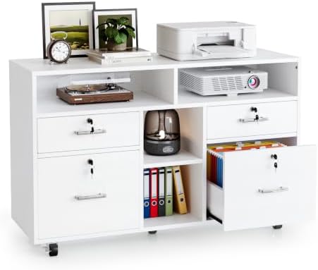 VINGLI Wood Mobile File Cabinet with 4 Drawers and Shelves, Printer Stand with Open Storage, Lockable Lateral Filing Cabinet for Home Office, Assembly Required, Light Beige Close to White