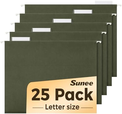 SUNEE Hanging File Folders, 25 Pack Reinforced Hang Folders Letter Size, Adjustable 1/5-Cut Tabs, Designed for Bulky Files, Filing Cabinet, Standard Green