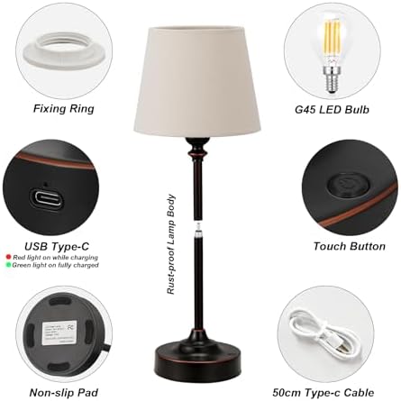 Cordless Table Lamp Rechargeable Bronze - 1 Pack Brass 4000mAH Battery Operated Lamp for Decor, 3000K Stepless Dimming Touch Control Wireless Lamp for Bedroom, Dining Table, Counter, Living Room