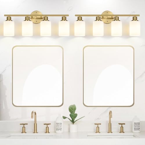 Zarbitta 4-Light Bathroom Light Fixtures, Brushed Gold Modern Vanity Lights with Milky White Frosted Glass Shades, Bathroom Wall Lamp for Mirror Kitchen Living Room