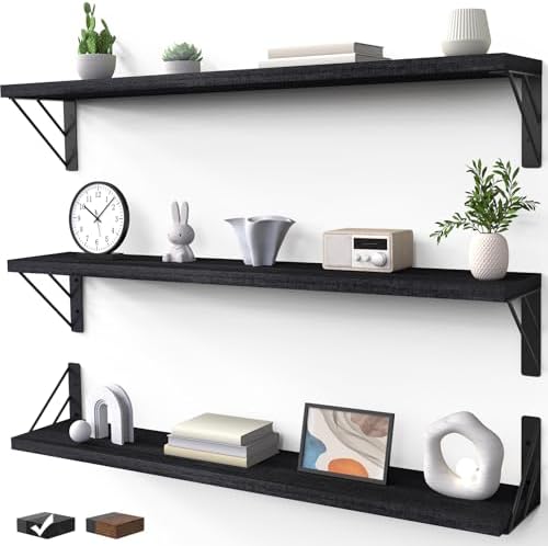 BAYKA 36 Inch Long Wall Mounted Floating Shelves (Black, Set of 3, 36")