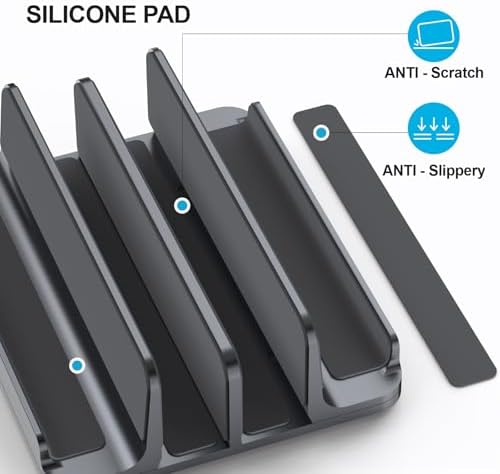 YICOSUN 4-Slot Aluminum Vertical Laptop Stand for Desk - Adjustable Width Dock for MacBook, Surface, Samsung, HP, Dell up to 17.3 inches - Space-Saving & Protective Design - Gray