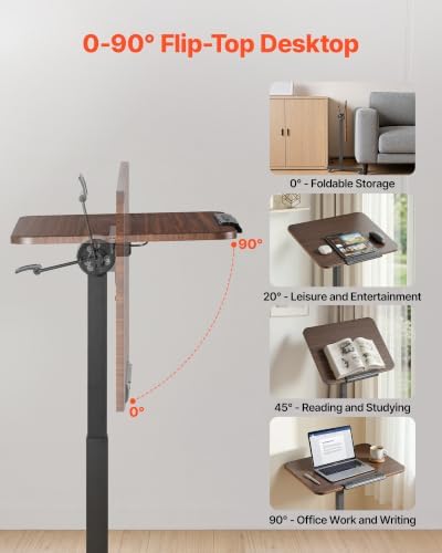 VEVOR Standing Desk, Adjustable Height Mobile Stand Up Desk with Tilting Desktop, 25.6 x 19 in Small Computer Sit Stand Rolling Workstation with 4 Casters, 33 lbs Capacity, Ideal for Home Office