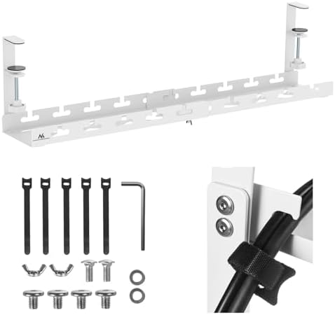 Maclean Adjustable Under Desk Cable Holder Organizer | Clamp Mount | Cable Management for Home Office Gaming | 5kg Load Capacity (White, 1 Tier/Length: 433-728mm)