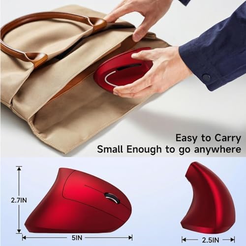 Ergonomic Vertical Wireless Mouse Stylish Rechargeable 2.4G Optical Mice Cordless Mouse with USB Receiver, 800/1200 /1600 DPI, 5 Buttons for Laptop,PC,Mac,Computer (Red)