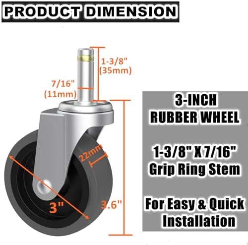 RILIDRI Replcament Casters for Brute Trash Bin Dolly Set of 5, 3-Inch Trash Can Dolly Replacement Wheels - 375LBs per Set