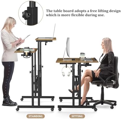 Enayplon Small Standing Desk with Wheels, Mobile Stand Up Desk, Portable Standing Table on Wheels for Walking Pad, Rolling Computer Desk Adjustable Height, Tall Table