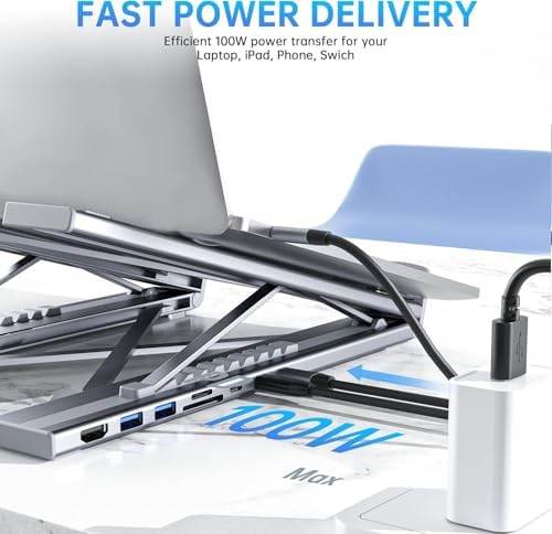 Laptop Stand with Docking Station, 8 in 1 USB C Hub HDMI Portable Laptop Stand for Desk with USB Ports, Multiport USBC Dock Stands Foldable Adjustable Computer Riser Holder Dongle for MacBook