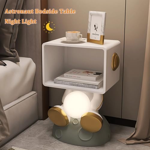 Astronaut Figurine Bedside Table with Storage, Unique Resin Astronaut Decor End Table Space Figurines Nightstand with Moon Lamp for Bedroom Living Room