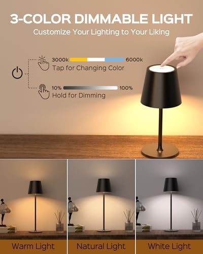 JACKYLED Cordless Table Lamps Rechargeable, 3 Adjustable Height, 5000 Capacity Operated, 3 Colors Smooth Dimming, Portable LED Waterproof Table Lamp for Dining, Bedroom, Outdoor- Black
