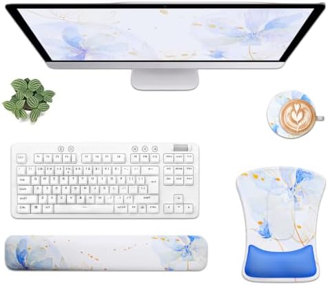 Gel Mouse Pad & Memory Foam Keyboard Wrist Rest Set, Blue Floral
