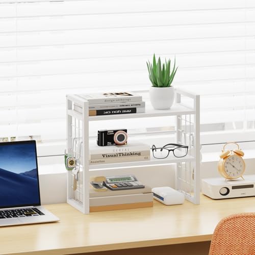 ELITEROO Desk Shelf Organizer, Tiered Wood Desktop Book Shelf, White